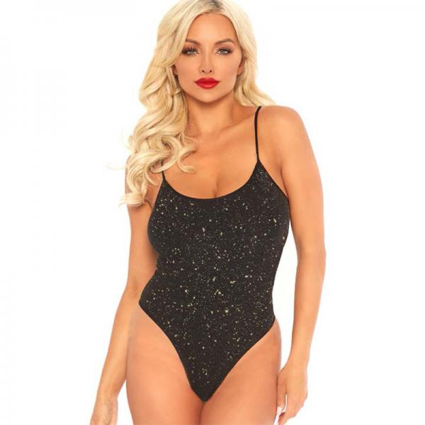 Shimmer Lurex Opaque Thong Back Bodysuit. Black/gold O/s