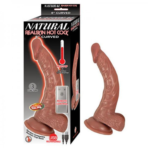 Natural Realskin Hot Cock Curved 8in Heats To 113 Degrees 3 Function Harness Compatible Rechargeable