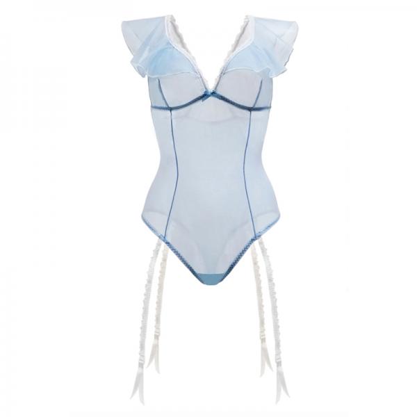 Blue Daiquir Mesh Ruffled Teddy With Garter Powder Blue M/l